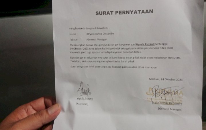 Isi surat pernyataan antara klinik kecantikan dan pegawainya/RMOLJatim