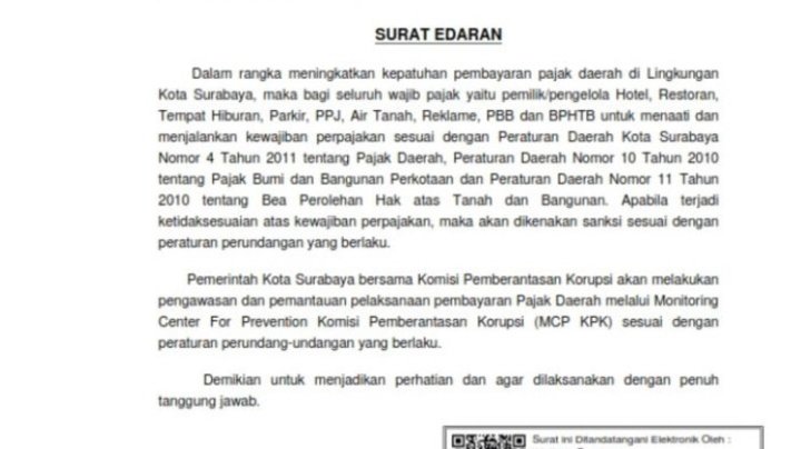 Teks foto: Surat Edaran Wali Kota Surabaya kepada Wajib Pajak/ist