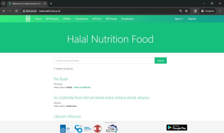 Tampilan antarmuka situs web basis data produk halal yang mengumpulkan data komposisi produk dari berbagai lembaga sertifikasi halal dan situs web/Ist