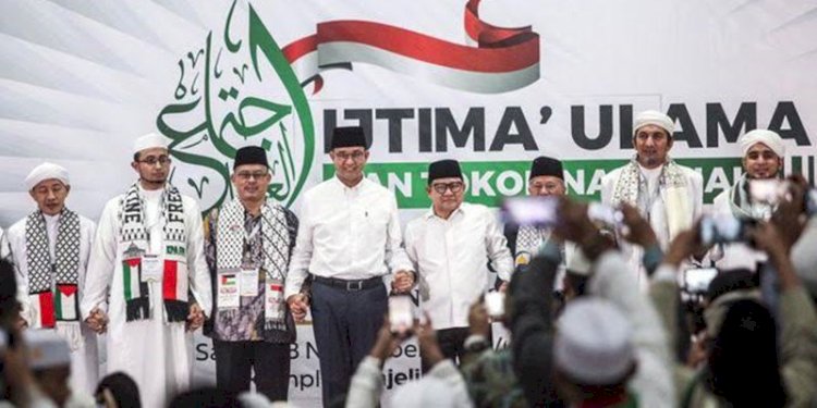 Pasangan Anies Baswedan-Muhaimin Iskandar saat Ijtima Ulama di Masjid Az-Zikra, Sentul, Bogor, Jawa Barat, Sabtu 18 November 2023/Ist