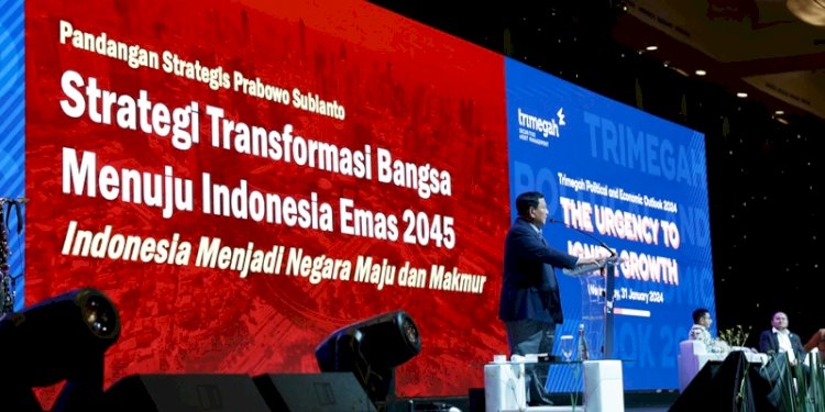 Capres Nomor Urut 2 Prabowo Subianto di acara 'Trimegah Politic and Economic Outlook 2024' di Jakarta, Rabu (31/1)/Ist