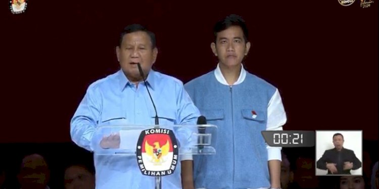 Pasangan Calon Presiden-Wakil Presiden Nomor Urut 2, Prabowo Subianto-Gibran Rakabuming Raka, saat memberikan closing statement, dalam Debat Kelima Pilpres 2024, Minggu (4/2)/Repro