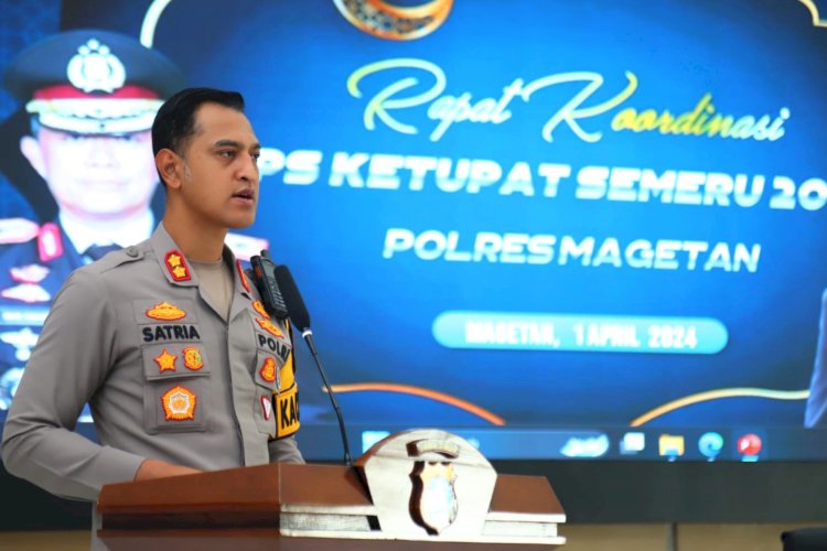 Kapolres Magetan AKBP Satria Permana saat memberi sambutan di rapat koordinasi lintas sektoral, Operasi Pengamanan Idul Fitri 2024 di aula Pesat Gatra, Polres Magetan/RMol.Jatim/hms res.