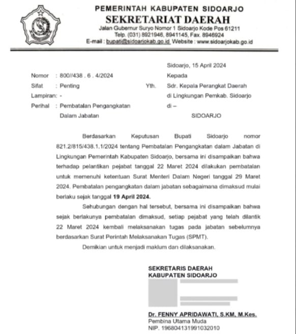 Surat pembatalan mutasi jabatan Pemkab Sidoarjo/RMOLJatim