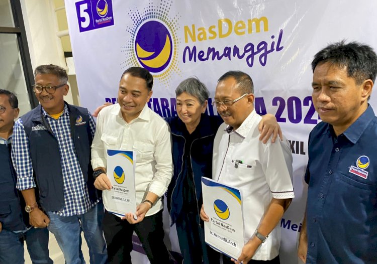 Eri Cahyadi-Armuji melakukan pendaftaran bacakada Surabaya 2024 ke DPW Partai NasDem Jatim ditemui Bu Janet dan Imam Syafi'i/RMOLJatim
