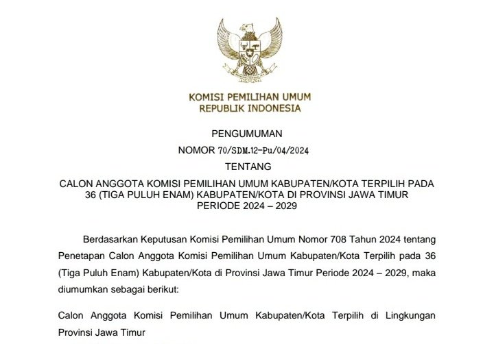 Teks foto: Surat Nomor 70/SDM.12-Pu/04/2024 menetapkan lima anggota KPU Kota Surabaya periode 2024-2029/ist