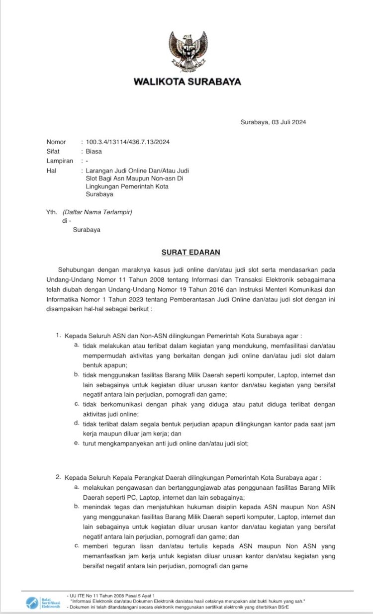 Teks foto: SE Larangan Judi Online Dan/Atau Judi Slot Bagi ASN Maupun Non-asn Di Lingkungan Pemkot Surabaya/ist