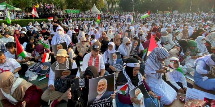 Aliansi Rakyat Indonesia Bela Palestina saat melakukan aksi demonstrasi di depan Kedubes AS, Jakarta pada Sabtu (3/8)/RMOL