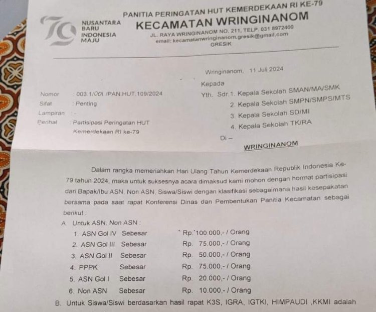 Surat edaran Camat Wringinanom, Kabupaten Gresik meminta partisipasi masyarakat dalam memeriahkan perayaan HUT Kemerdekaan RI ke 79/RMOLJatim