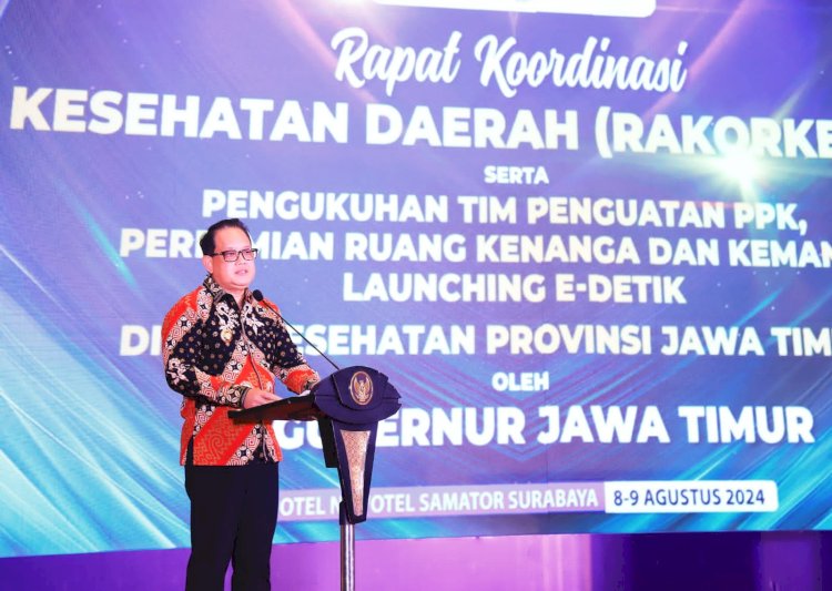 Pj Gubernur Adhy dalam Rakorkesda Jatim 2024 di Hotel Novotel Samator Surabaya, Kamis (8/8)/Ist