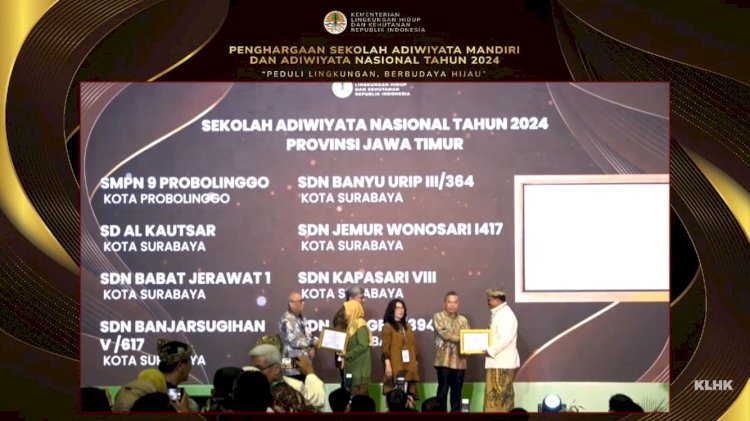 Teks foto: Siswa Surabaya menerima penghargaan Adiwiyata Nasional dan Adiwiyata Mandiri dari KLHK RI/ist