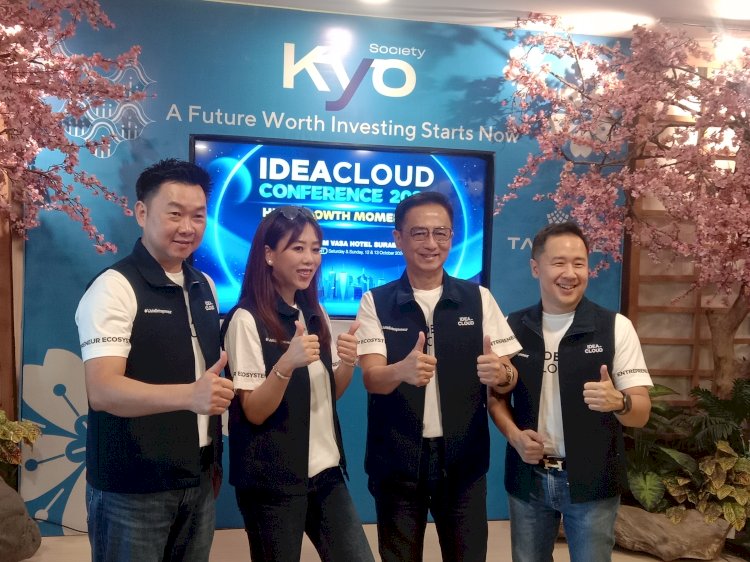 (kiri-kanan) Founder Global Leadership Center Robby Tjiptadjaya, CEO Tanrise Property sekaligus Deputy CEO Tan Corp, Belinda Tanoko; Founder and CEO Tan Corp Hermanto Tanoko dan Founder Tribelio Denny Santoso saat pers conference IdeaCloud Conference 2024 di Voza Tower, Surabaya,