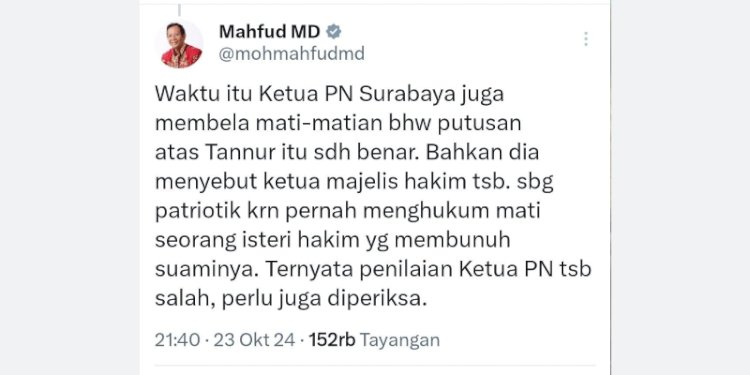 Tangkapan layar media sosial milik Mahfud MD meminta Ketua PN Surabaya diperiksa/Repro