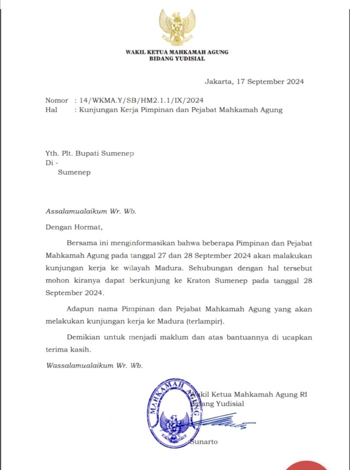 surat yang mencantumkan perjalanan Sunarto dengan Zarof Ricar, keduanya diduga terlibat dalam PK Mardani Maming
