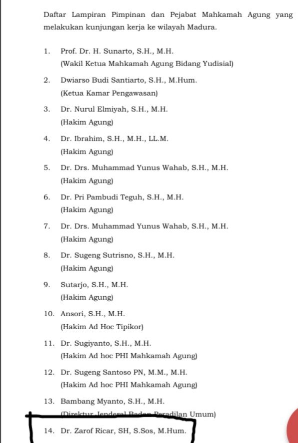 Nama Zarof Ricar tercatat ikut rombongan Ketua MA Sunarto ke Madura, terkesan ada upaya loloskan PK Mardani H Maming