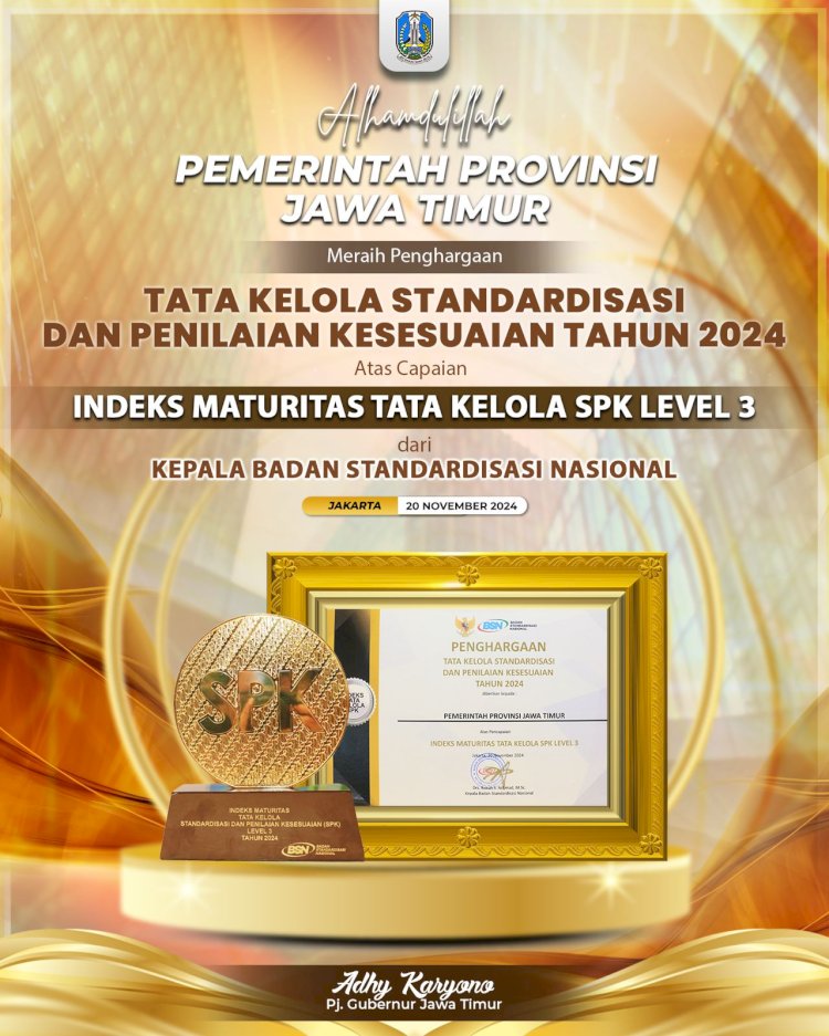 Pemprov Jatim meraih penghargaan Tata Kelola Standardisasi dan Penilaian Kesesuaian (SPK) dengan Tingkat Maturitas Level 3 Tahun 2024 dari BSN/Ist