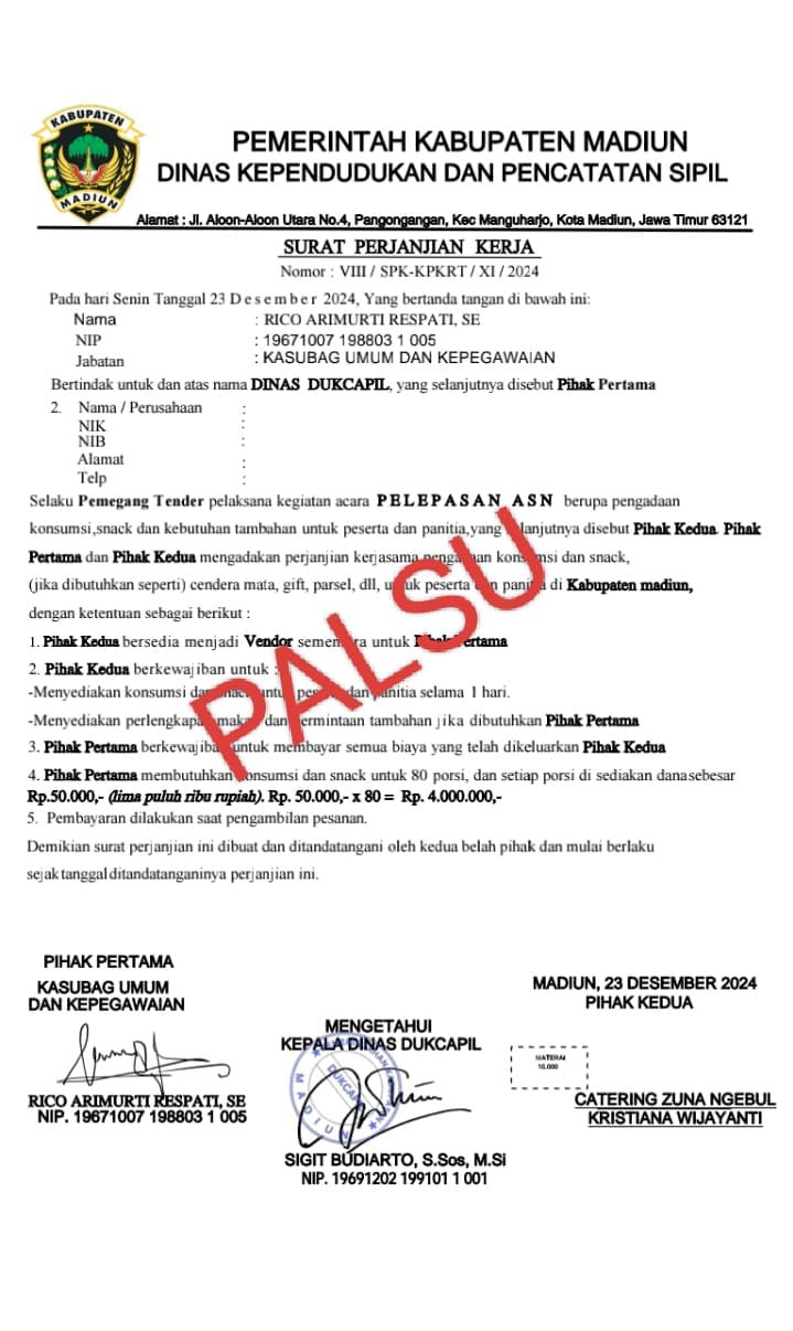 SPK palsu untuk mengelabui pengusaha catering di Madiun/Ist