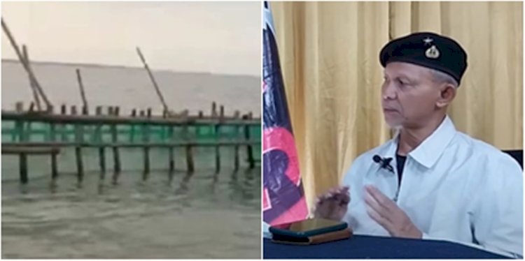 Kolase foto Laksamana Pertama TNI (Purn) Sony Santoso dan pagar bambu di Laut Tangerang/RMOL