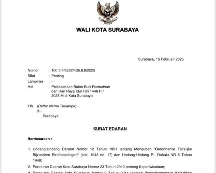 SE Pemkot Surabaya soal Bulan Suci Ramadan dan Hari Raya Idul Fitri 2025/ist