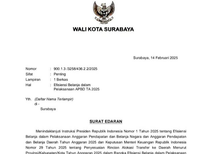 SE tentang Efisiensi Belanja dalam Pelaksanaan APBD 2025/ist