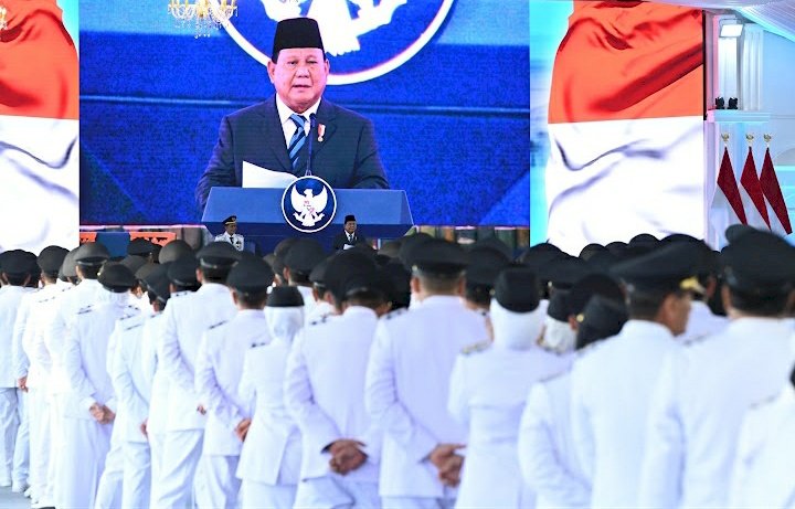 Prabowo Subiantodi memberikan sambutan saat pelantikan 961 kepala daerah se-Indinesia/ist