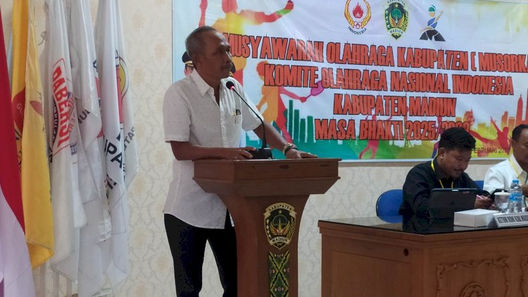 Arnowo Widjaja saat memberikan sambutan setelah terpilih aklamasi sebagi ketua KONI Madiun periode 2025-2029/ist.