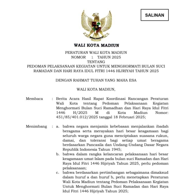Perwali nomor 1 /2025 tentang pedoman untuk menghormati bulan suci ramadhan dan Hari Raya Idulfitri/RMOLJATIM.