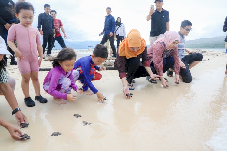 Khofifah saat melepas tukik di Pulau Tabuhan Banyuwangi/Ist