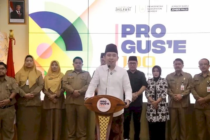 Bupati Gus Fawait saat menyampaikan paparannya saat press release Pro gus'se 100, di pendopo Wahyawibawagraha Pemkab Jember/Ist